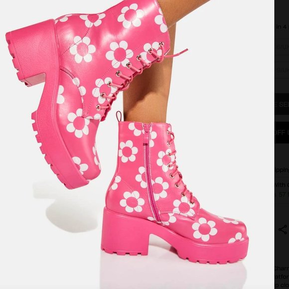 koi Shoes - Koi Footwear Orchis Charm Pink Flower Power Combat Boots size 5 NWT